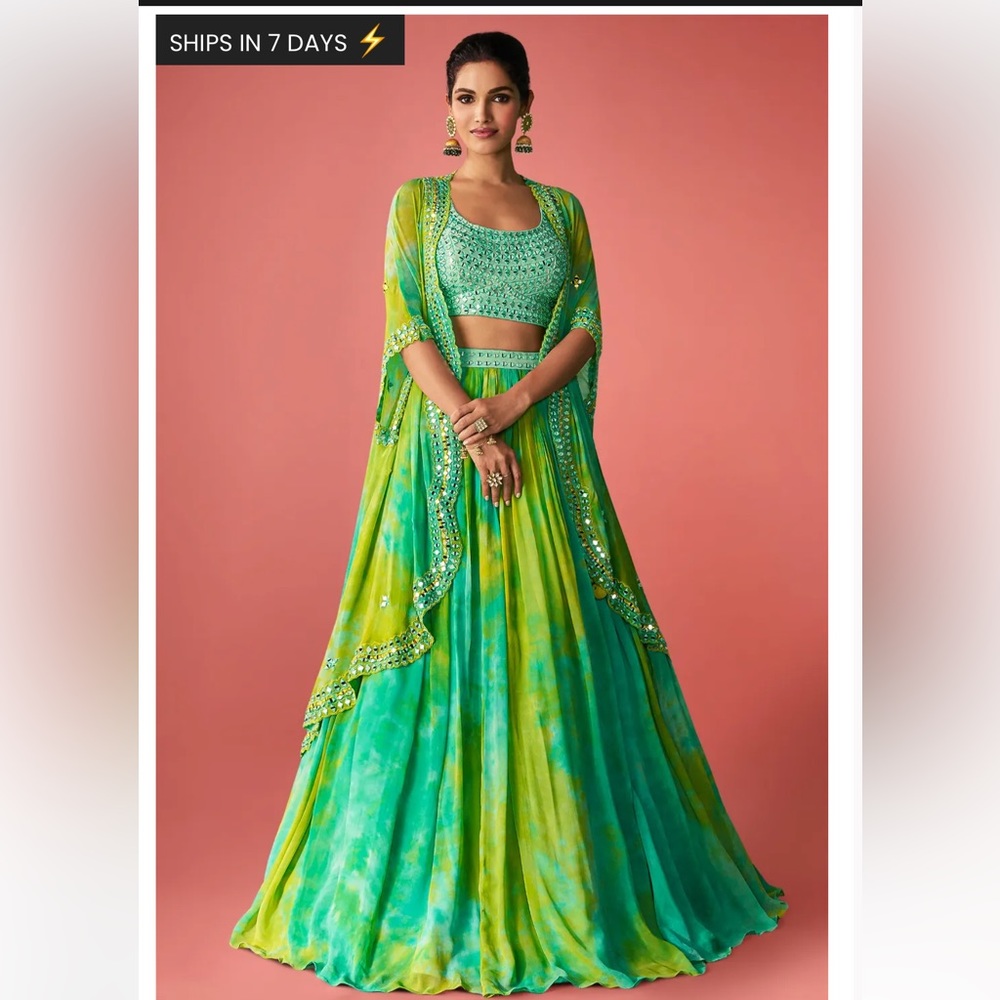 NEW Designer indowestern lehenga choli w/ cape jacket green & blue Indian dress